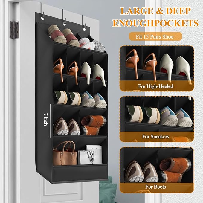 Over the Door Organizer 5 Tiers, Extra Large Behind Door Storage of 15 Compartments Fit 16-24 Pairs Hanging Shoe Rack Organiser for Closet, Deep Pocket Shoe Holder for Sneakers,Boots Storage