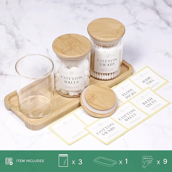 INIUNIK Qtip Holder with Vanity Tray - 3 Pack Glass Apothecary Jars with Lids, Cotton Ball Swab Pad Floss Pick Holder, Bathroom Organizers Jars Containers Canisters Accessories Set