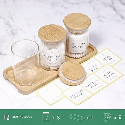 INIUNIK Qtip Holder with Vanity Tray - 3 Pack Glass Apothecary Jars with Lids, Cotton Ball Swab Pad Floss Pick Holder, Bathroom Organizers Jars Containers Canisters Accessories Set