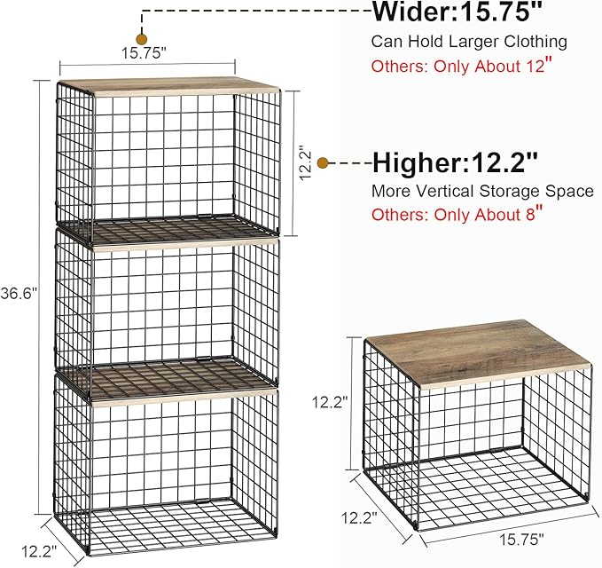 Widened & Heightened Closet Organizers And Storage Shelves With Top Board, Set of 3 Stackable Closet Shelf Organizer Storage Bin Basket For Clothes Sweaters,Space-saving, Sturdy,Wider Higher Size