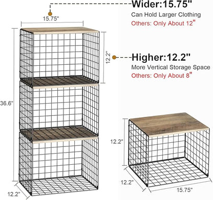 Widened & Heightened Closet Organizers And Storage Shelves With Top Board, Set of 3 Stackable Closet Shelf Organizer Storage Bin Basket For Clothes Sweaters,Space-saving, Sturdy,Wider Higher Size