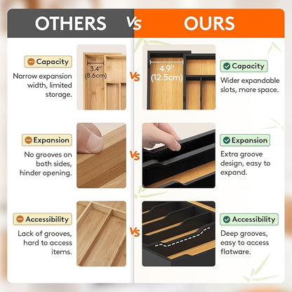 Lifewit Silverware Drawer Organizer, Expandable Utensil Tray for Kitchen, Flatware and Cutlery Holder, Wood Adjustable Storage for Spoons Forks Knives, 13-22x15/ 33-56x38cm, Natural and Black