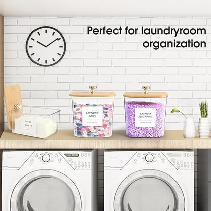 3 Pack Laundry Room Organization Storage Containers, Plastic Clear Laundry Pods Container & Dryer Sheet Holder Jars with Lids, Scoops & Labels for Detergent, Powder, Dryer Balls, Beads