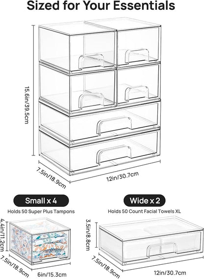 Vtopmart Stackable Storage Drawers Set of 6, Clear Plastic Organizer Bins for Bathroom Supplies, Ideal for Cabinet,Shelf, Pantry, Laundry Room Organization