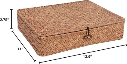 Moosky Flat Wicker Shelf Baskets with Lid, Handwoven Seagrass Basket Boxes for Storage Baskets Bins Home Decor Organizer (Coffee Large)