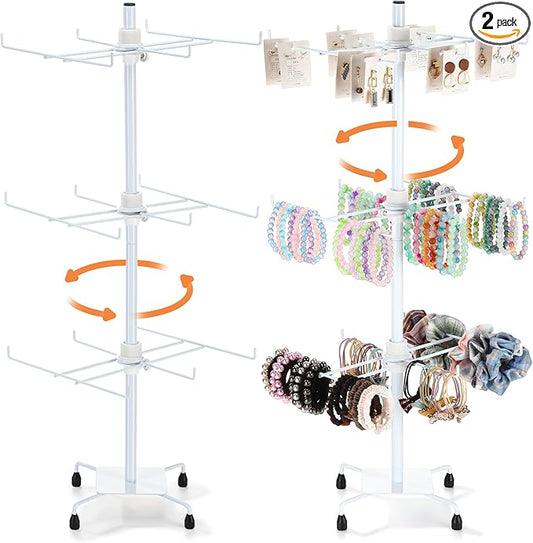 RattanView 2 Pcs Jewelry Rotating Display Stand Adjustable Metal Earrings Bracelet Display Rack Hanging Jewelry Spinning Organizer Tree with Hooks for Vendor Events Selling(3 Tier,White)