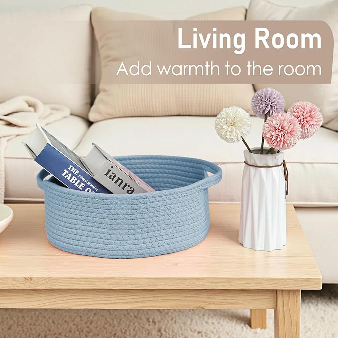 JMvicyroam Woven Basket,Small Rope Storage Bin with Handles & Ribbon Bag, Organizer for Shelves Closets,Gift Basket Empty for Birthday,Books,Dog Toys, Blue/3 Pack