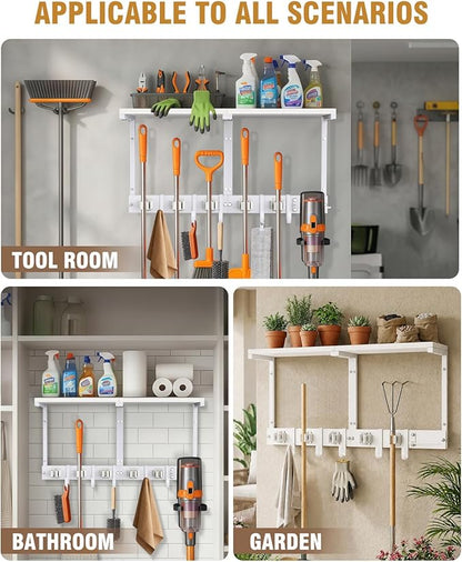 Broom Holder Wall Mount with Top Wooden Shelf, Heavy Duty Metal Cleaning Supplies Broom Hanger with Vacuum Organizer and 5 Slots & 5 Hooks for Laundry Garage Tool Storage Kitchen (Large, White)
