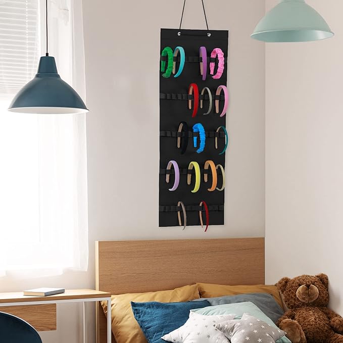 Tudomro Hanging Headband Holder for Girls Felt Hair Accessories Organizer with 60 Elastic Bands Bow Hanger for Girls Hair Bows Without Headbands(Black,Plain Style)