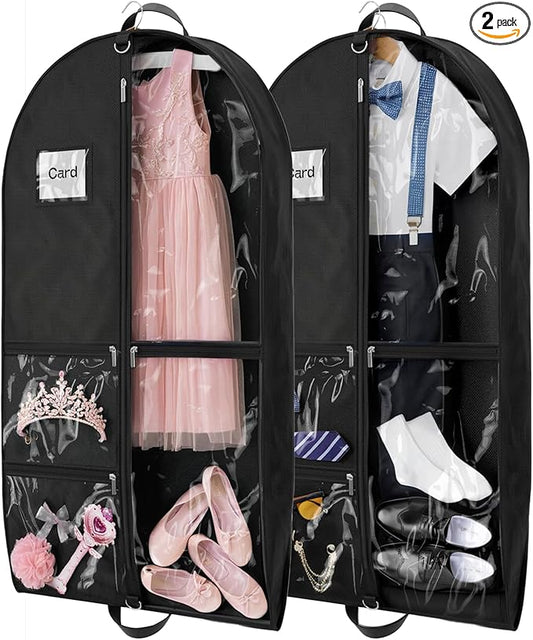 2Pack Dance Garment Bags for Dancers, 40" Garment Bags for Hanging Clothes with 3 Clear Zipper Pockets, Cheer Uniform Garment Bag for Suits, Travel & Sports Jersey, Cheer Uniform(Black, 2Pack 40")