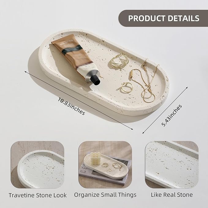 Jewelry Tray Bathtub, Resin Stone Look Decorative Perfume Tray, Bathroom Marble Vanity Organizer Plate Holder for Ring Soap Towel Small Things on Kitchen Sink Countertop (Off White, Large)