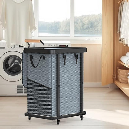 40 Gal (150L) Laundry Hamper with Lid, Leather Patchwork Laundry Basket with Rolling Lockable Wheels and Handle, Laundry Basket Organizer for Laundry Room, Bedroom and Bathroom,Laundry Room - Gray