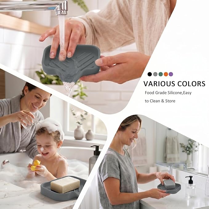 MicoYang Silicone Bathroom Soap Dishes with Drain Spout-Bathroom and Kitchen Sink Organizer,Sponge Holder,Dish Soap Tray,Perfect for Dispenser,Scrubber,Bottle,Cup on Sink or Counter-Grey 4.9"×3.2"