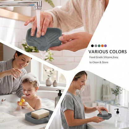 MicoYang Silicone Bathroom Soap Dishes with Drain Spout-Bathroom and Kitchen Sink Organizer,Sponge Holder,Dish Soap Tray,Perfect for Dispenser,Scrubber,Bottle,Cup on Sink or Counter-Grey 4.9"×3.2"