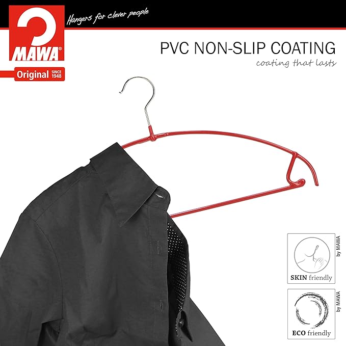 Mawa by Reston Lloyd Euro Ultra Light/Thin Series, Non-Slip Space Saving Clothes Hanger with Bar & Hook for Pants and Skirts, Style 42/PTU, Set of 10, Red