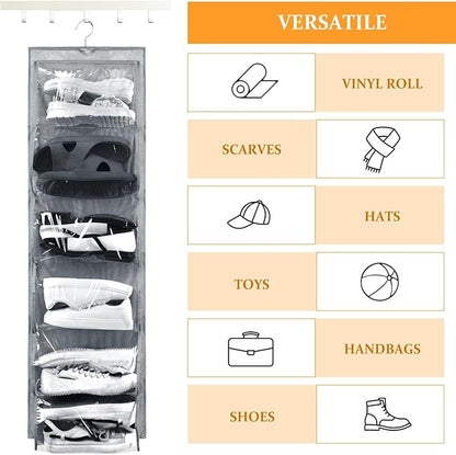 Barydat 3 Pcs Dual Sided Hanging Shoe Organizer 12 Clear Pockets Mesh Hanging Shoe Rack Holder with Rotating Hanger for Closet Storage Men Women Handbags Kids Clothing, Grey, White and Black