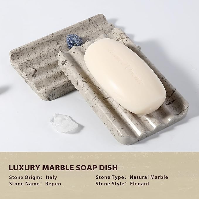 Koville Natural Grey Marble Soap Dish for Shower, Stone Soap Tray for Bathroom, Gray Bar Soap Holder for Sink, Stripe Grooves Soap Saver Stone Dish Keep Bars Dry Easy Clean