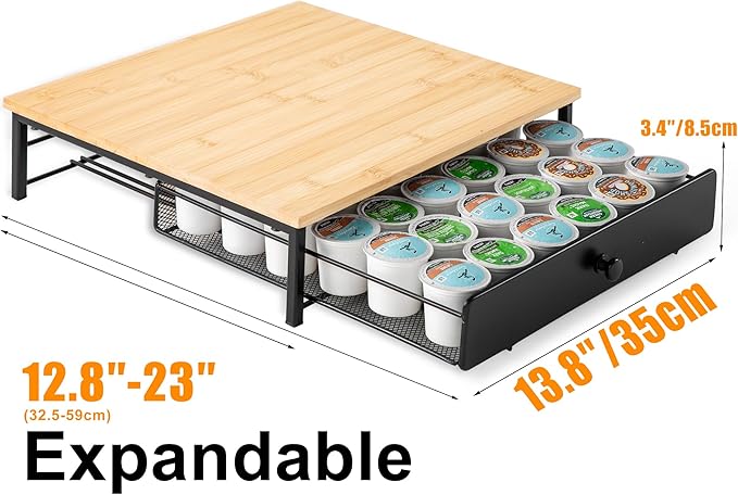 ROWISE Bamboo Coffee Pod Drawer Holder for K Cups, Coffee Capsule Organizer for Home Office, Kitchen, 36 Pods Capacity