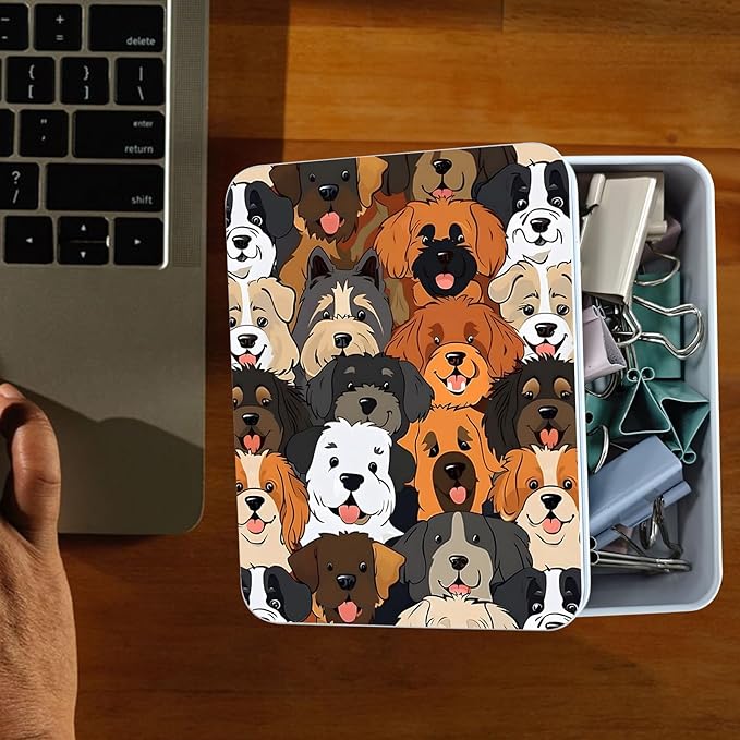 Metal Tin Box Sturdy Metal Storage Box with Lid, Large Container Holder for TCG Cards,Car Keys,Cookies,Tin Containers for Gift,5.0x3.7x1.6 Inch,Exquisite Pattern Design(Cute Cartoon Dog)