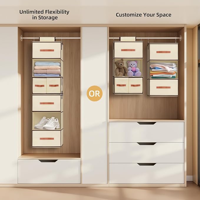 Hanging Closet Organizer 6-Shelf, Upgrade Closet Organizers and Storage with 5 Removable Drawers & 4 Side Pockets, Hanging Shelf Organizer for Bedroom or Garment Rack, 12.6'' x 12.6'' x 44.1'', Beige