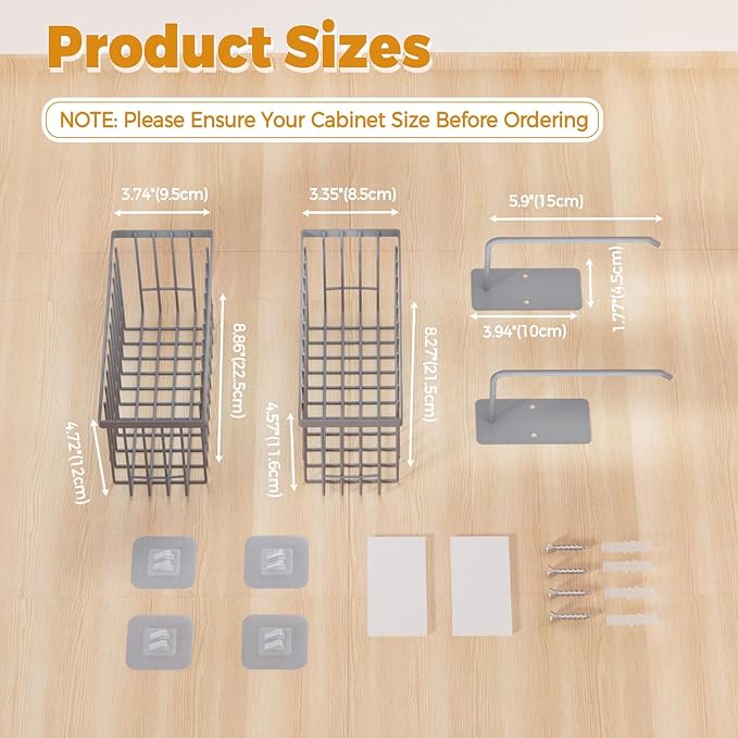 4 Pack Adhesive Cabinet Door Organizer - Tumbler Lid Organizer & Kitchen Storage baskets for Kitchen, Bathroom, Inside Cabinet Door Storage for Cup Lids, Spices, Small Supplies, Space-Saving (Grey)