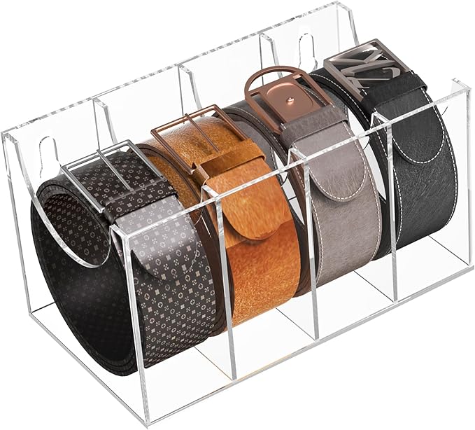 Sezanrpt 4 Compartments Acrylic Belt Organizer, Clear Belt Storage Organizer for Closet, Wall Mount Belt Holder