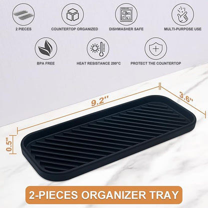 Silicone Organizer Tray, Soap and Sponge Holder for Kitchen Sink, Bathroom - Storage Tray for Dish Brush, Soap Dispenser, Dishwashing Accessories- 2 Pack (Black)