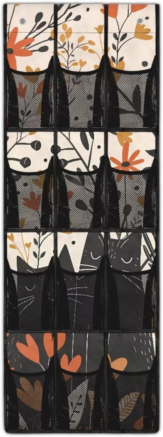 Black Cat Over The Door Shoe Organizer 12 Pockets Wall Hanging Storage for Kids Room Rabbit Door Hanger Organizer Mesh Fabric Shoe Holder Hanger for BedRoom
