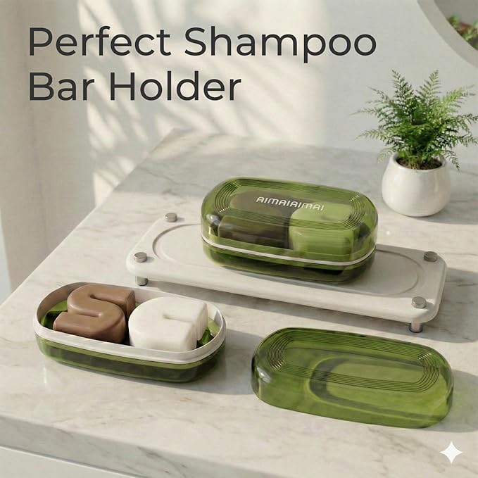 AIMAIAIMAI Shampoo Bar Holder Travel Case for Two Bars – Compatible with Kitsch Solid Shampoo & Conditioner Bars, Large Soap Container for Bathroom or Travel (Green Style A-Large)