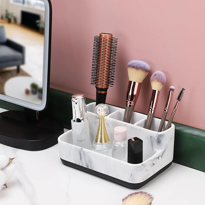 zccz White Marble Design Makeup Organizer - Bathroom Counter Storage for Toothbrushes and Cosmetics - Anti-Slip Cabinet Holder with 4 Compartments - Ideal Vanity Accessory for Organizing Essentials