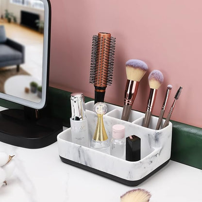 zccz White Marble Design Makeup Organizer - Bathroom Counter Storage for Toothbrushes and Cosmetics - Anti-Slip Cabinet Holder with 4 Compartments - Ideal Vanity Accessory for Organizing Essentials
