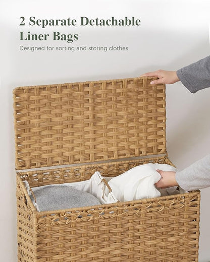 SETVSON Laundry Hamper with Lid, 112 L Handwoven Rattan Wicker Laundry Basket, 2 Removable Liner Bags Metal Heightened Feet, 6 Mesh Bags, 2 Section Large Clothes Hamper for Bathroom Bedroom, Natural