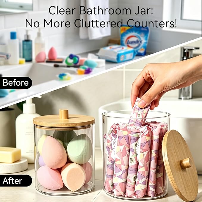 Amolliar Laundry Pods Storage Container, Clear Laundry Room Organization, 2 Pack Large Detergent Container with Bamboo Lids & 27 Labels for Bathroom Organizer (Natural, 0.6+0.4Gal)