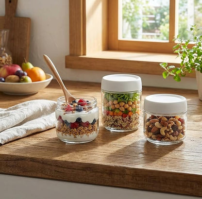 3Pack Overnight Oats Containers with Lids,10oz Glass Jar with Scew Lid,Salad Dressing Fruit Veggies Sauce Snacks Meal Prep Food Containers,Spice Jars,Wide Mouth Storage Containers