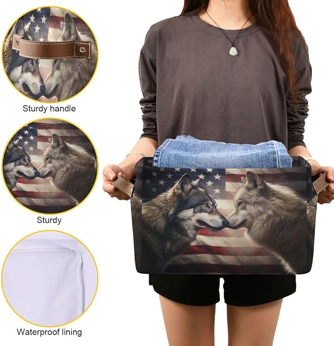 Large Storage Basket Wolf Usa Flag Storage Bin Cube Canvas Fabric Organizer Handles Collapsible for Clothes Toys Bedroom Decorative