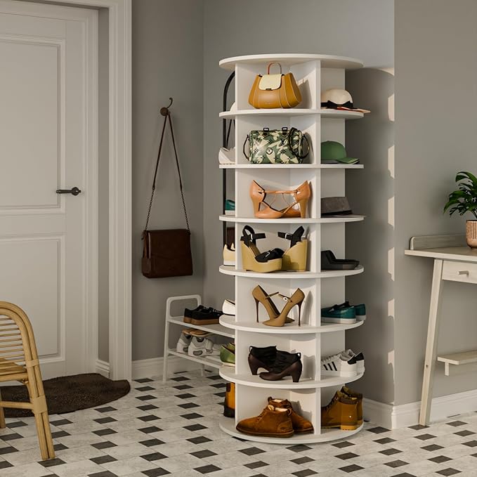 Waleaf 7 Tier Rotating Shoe Rack Tower 360, Revolving Shoe Organizer Spinner, Spinning Shoe Display Lazy Susan, Shoe Carousel, Spinning Shoe Rack for Entryway, Living Room, Bedroom (White)