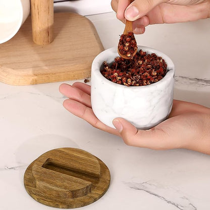 Salt and Pepper Bowl, Marble Salt Cellar and Spices Storage Container With Built-in Spoon and Acacia Wood Lid - 6.5oz Capacity (White)