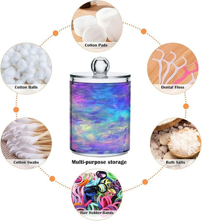 Iridescent Qtip Holder Dispenser 2 PCS Plastic Bathroom Canister Apothecary Jars with Lid 14 oz Vanity Makeup Storage Organizer for Cotton Swabs, Balls, Pads, Floss