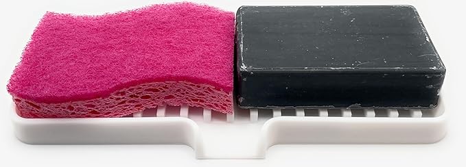 Silicone Soap Dish Tray and Sponge Holder with Drain Chute, Rectangular, Kitchen and Bathroom Sink Organizer (White, 9"x3.5")