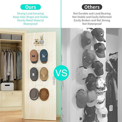 HapiRm Over Door Hat Rack - Wall Mounted Hat Holder with 6 Hooks and Metal Basket Design, Baseball Cap Organizer Storage Up to 32 Caps for Door, Bedroom, Closet (White)
