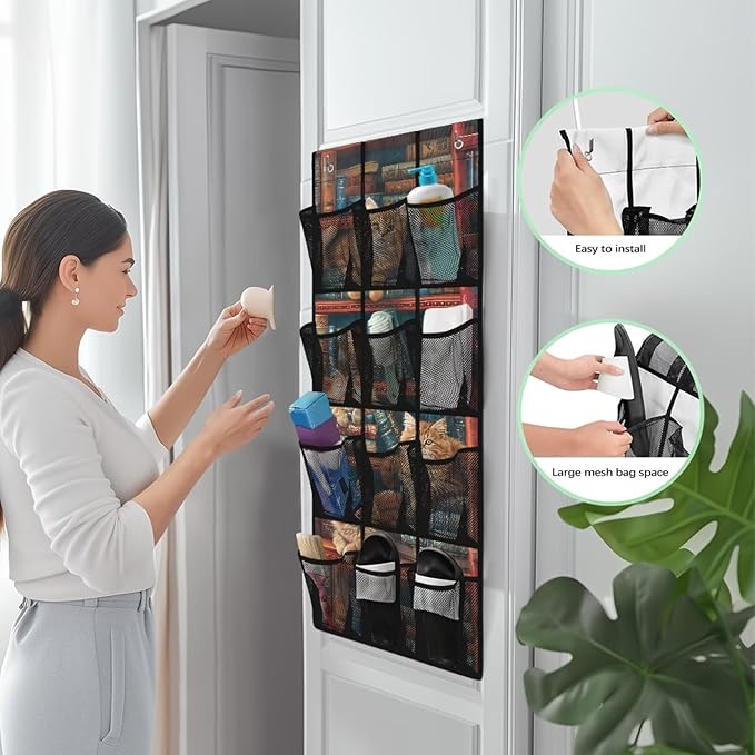 Books Behind Door Organizer 12 Pockets Door Hanging Shoe Organizer for BedRoom Space Saving Multi-Funtion Storage Bag Large Capacity Cats Wall Hanging Storage
