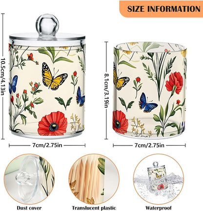 2 Pack Qtip Holder Dispenser for Cotton Ball Butterfly Tulip Wildflower Swab Round Pads Clear Plastic Acrylic Jar Set Bathroom Canister