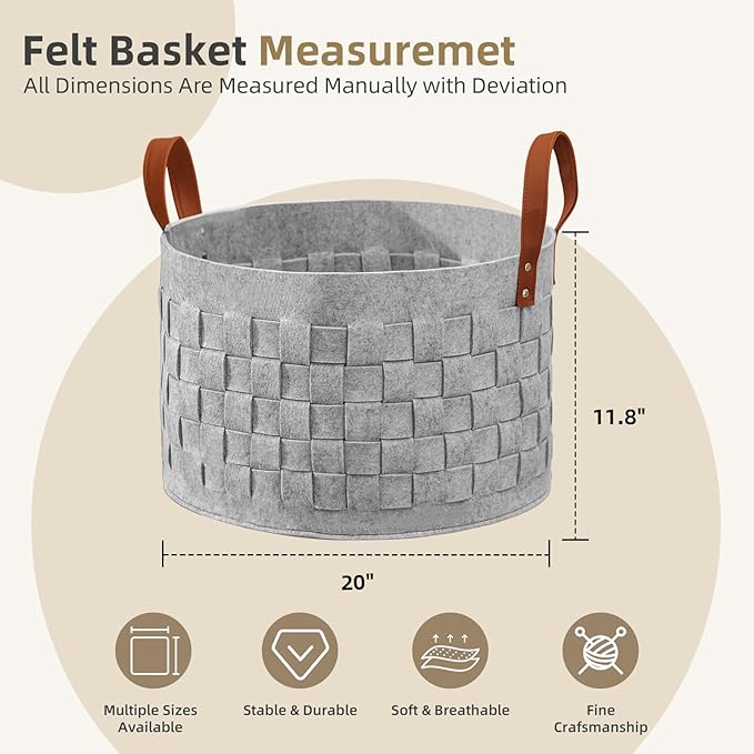 BOLDMONKEY Blankets Basket 20" x20 " x11.8 ", Large Storage Baskets for Organizing Round, Living Room Dog Toy Bin for Dirty Clothes, Pillows, Towel-Light Gray