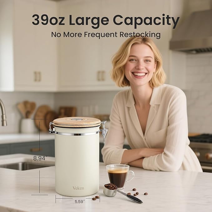 Veken Coffee Canister, 39OZ Large, Mothers Day Gifts For Women, Airtight Stainless Steel Food Storage Container for 2.2lbs Coffee Beans, Ground, Sugar, Tea, Flour, Cereal,Kitchen Bar Accessories,Cream