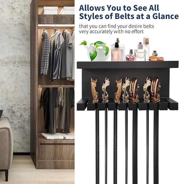 Yamahiko Belt Organizer - Wall Mounted Hanger with Double Shelving, Universal Rack for Men & Women, Black