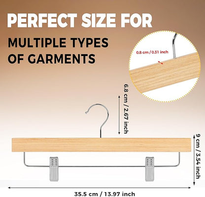 Quality 14" Slim Wooden Skirt & Pant Hangers with Clips – 20 Pack – Space-Saving 0.3" Thin Plywood Hanger – 10 lb Capacity – Adjustable Non-Slip Clips, 360° Swivel Hook (Natural, 20 Pack)
