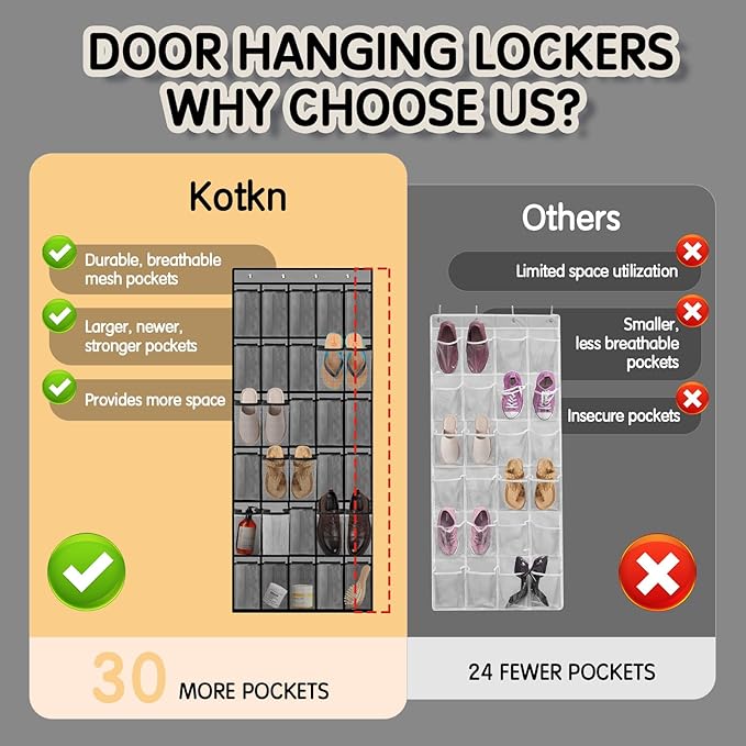 Kotkn Over the Door Shoe Organizer with 30 Breathable Mesh Pockets - Large Capacity Closet Storage for Men & Women, Hanging Shoe Rack Organizer (Gray)