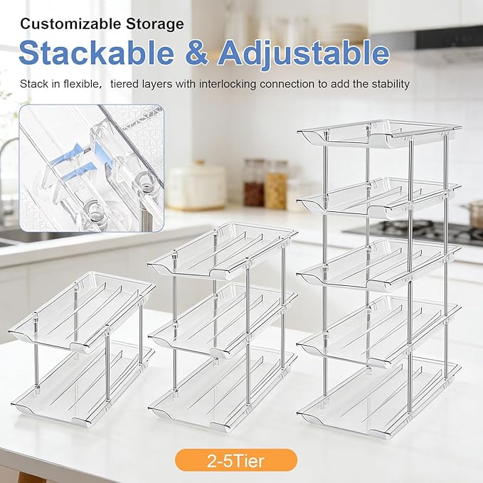 Can Organizer For Pantry Canned Food Goods Organizer For Cabinet Clear Automatic Rolling Can Storage Organizer Pantry Holders Rack, Holds Up to 60 Cans