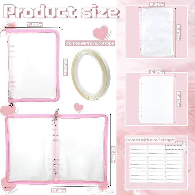 Press On Nail Storage Organizer with 4 Insert Pages - A5 Size Portable False Nail Storage Box for Collecting and Organizing Tips with Tape and Zipper Pocket (Pink)