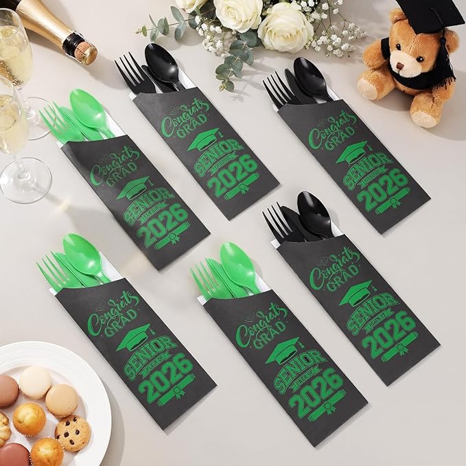 Funnymoom 400 Pcs 2026 Graduation Wrapped Silverware Bags Holder - Disposable Dinnerware Set Includes Plastic Spoons Knives and Forks, Class of 2026 Parties School Congrats Supplies(Black and Green)